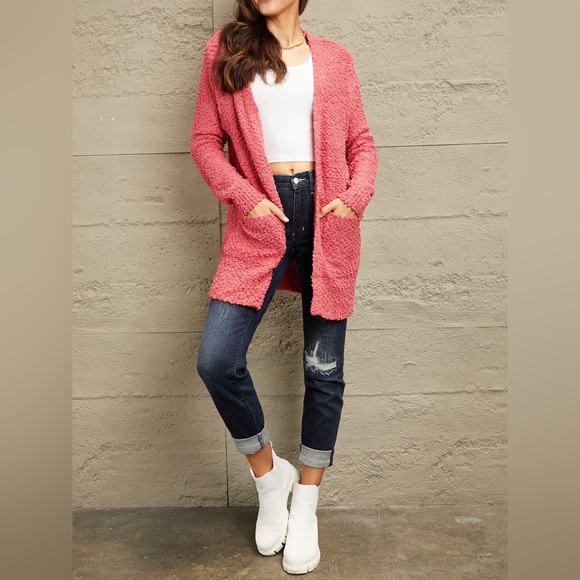 SALE! Zenana Falling For You Full Size Open Front Popcorn Cardigan in Coral Pink - Picture 3 of 6